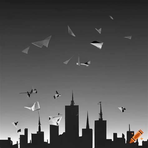 Paper Airplanes Flying Over A City In Black And White On Craiyon