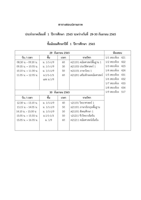 ตารางสอบปลายภาคเรียนที่ 1 ปีการศึกษา 2565 โรงเรียนเมืองนครศรีธรรมราช