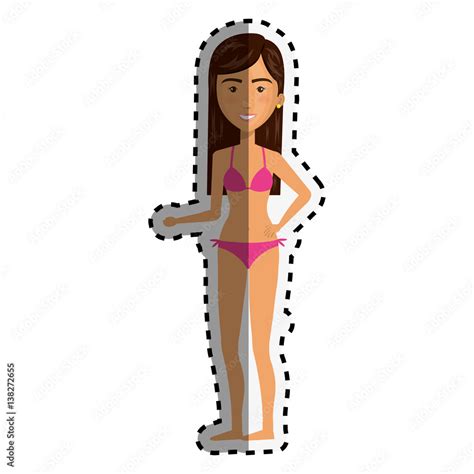 Sticker Cartoon Woman In Bikini Icon Clothes Vector Illustration Stock