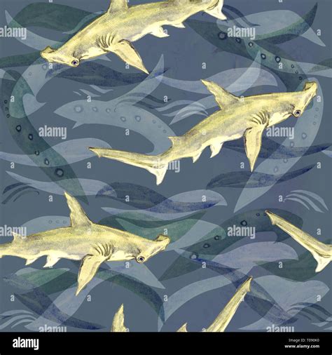 Great Hammerhead Shark Hand Painted Watercolor Illustration Seamless