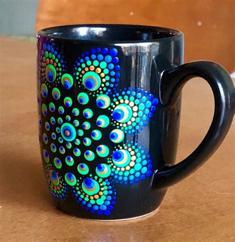 Coffee Cupmug Dot Mandala 12 Oz Hand Painted Peacock Green Blue Gold