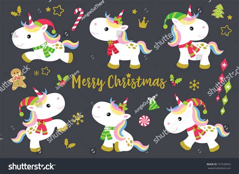 Cute Christmas Unicorns Vector Illustration Set Stock Vector Royalty