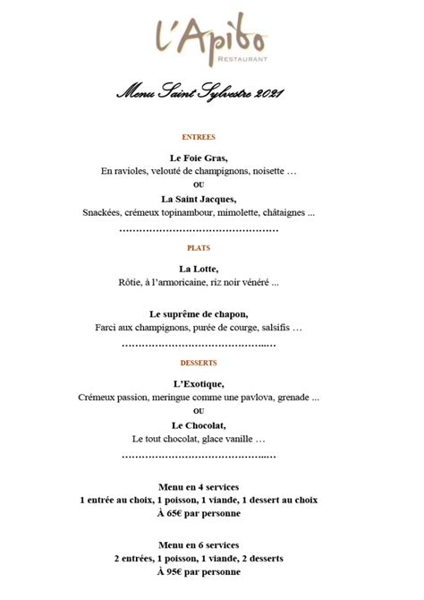 Menu Saint Sylvestre 2021 L Apibo