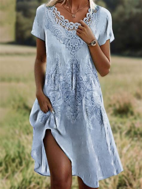 Women Floral Shirt Collar Short Sleeve Comfy Casual Lace Midi Dress