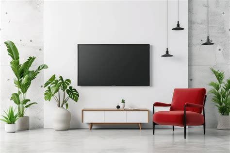 Mockup De Uma Parede De Tv Montada Uma Poltrona Vermelha Na Sala De