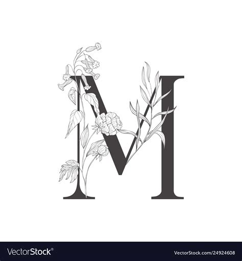 Floral Botanical Alphabet Letter With Plants Vector Image