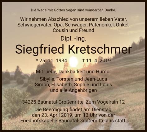 Traueranzeigen Von Siegfried Kretschmer Trauer HNA De