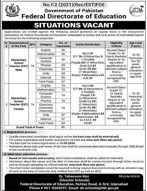 Teacher Jobs In Islamabad At Federal Directorate Of Education Federal