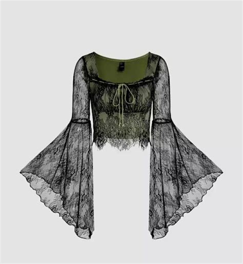 Cider Floral Lace Bell Sleeve Blouse Green Black Robes Tendance Pour