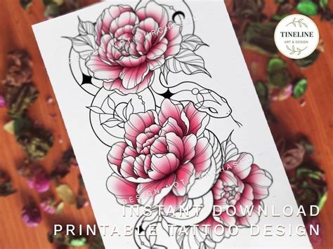 Feminine Fineline Peony And Snake Printable Tattoo Design Etsy