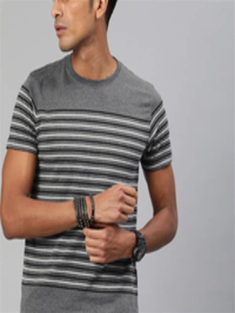 Buy The Roadster Lifestyle Co Men Grey Melange White Striped Round Neck Pure Cotton T Shirt