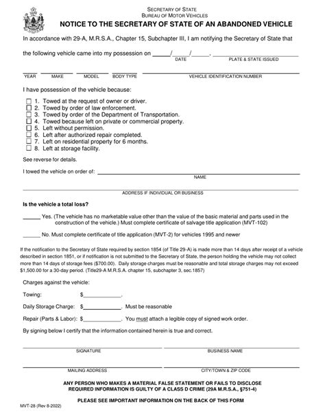 Form Mvt 28 Download Fillable Pdf Or Fill Online Notice To The Secretary Of State Of An