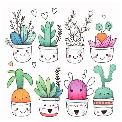 A Drawing Of A Bunch Of Potted Plants With Faces Generative Ai