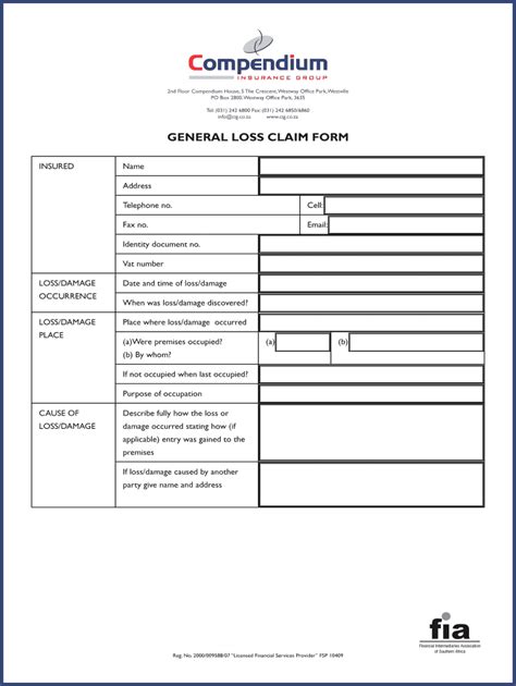 Fillable Online General Loss Claim Form Compendium Insurance Brokers