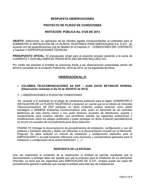 Respuesta Observaciones Proyecto De Pliego De Condiciones