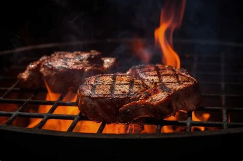 Premium Photo Two Steaks Cooking On A Grill With Flames Generative AI