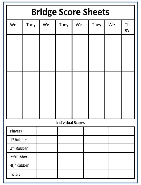 Printable Bridge Score Sheets