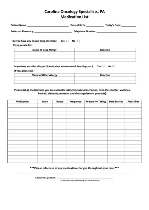 Printable Medication List Form