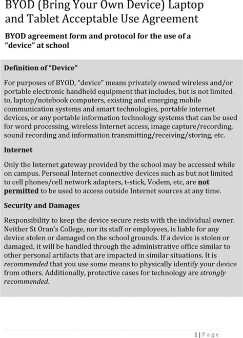 Byod Agreement Form Od Bring Your Own Device Laptop And Tablet