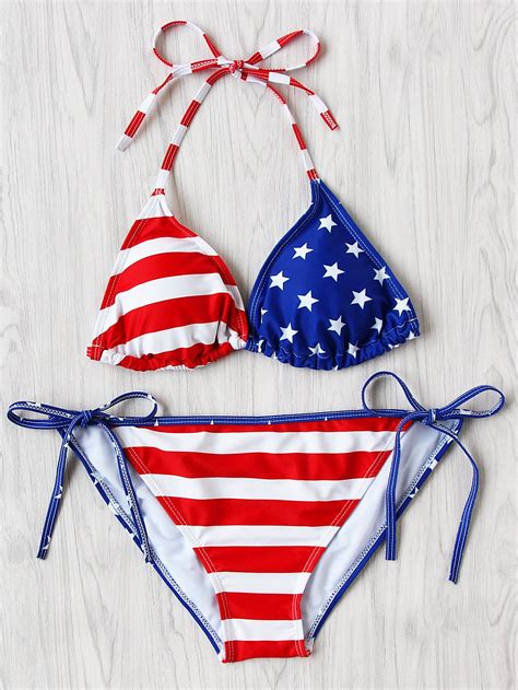 American Flag Print Side Tie Bikini Setfor Women Romwe