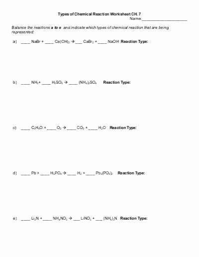 Identifying Chemical Reactions Worksheet