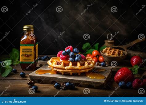 Honey Or Caramel Pouring From Jar On A Freshmade Waffles With