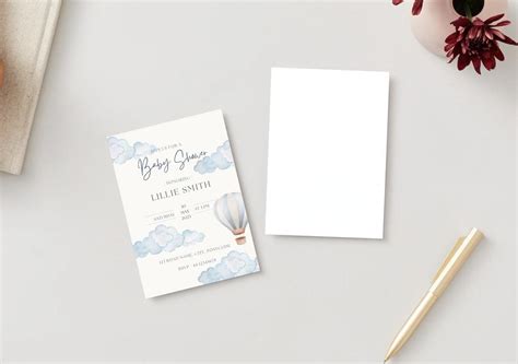 Editable Blue Baby Shower Invitation Hot Air Balloon And Clouds Theme Etsy