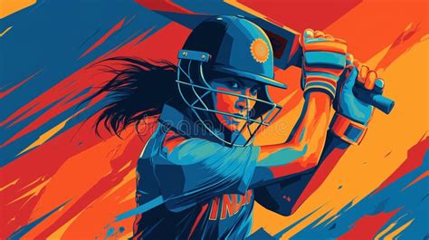 dynamic art  female indian cricketer  helmet  bat stock