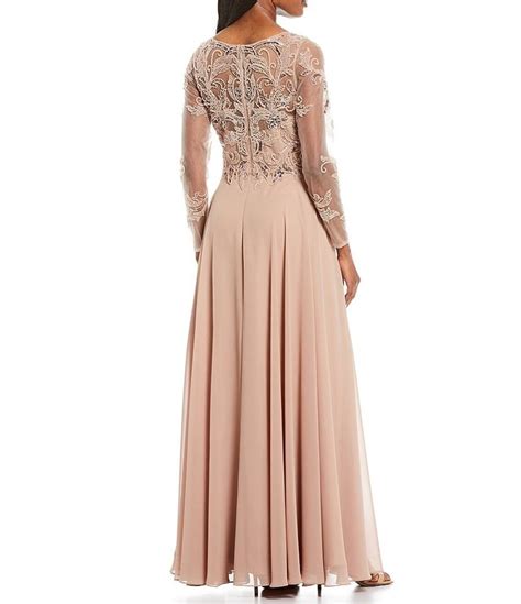 Xscape Illusion Crew Neck Long Sleeve Floral Beaded Bodice Chiffon Gown