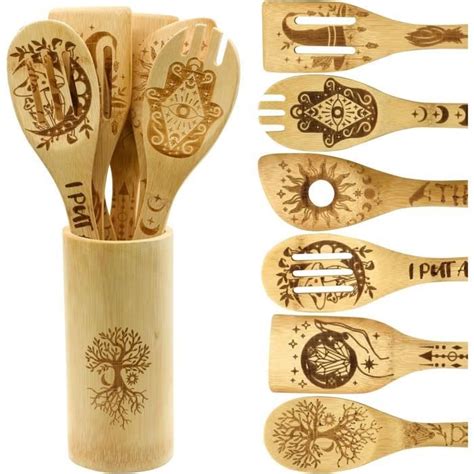 Set Ustensiles de Cuisine en Bois avec Support Cuillères Spatules