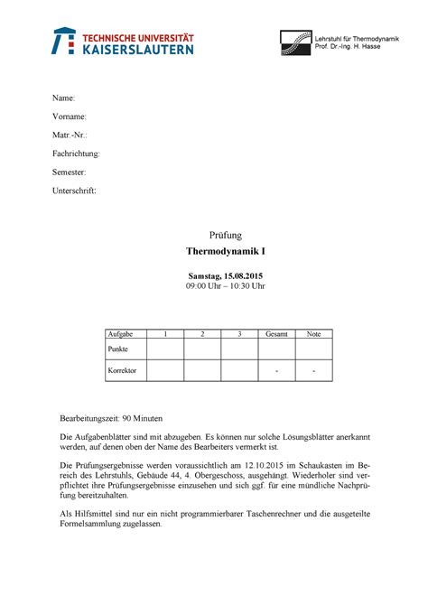 Prüfung 15 August 2015 Fragen SS 2015 Lehrstuhl Thermodynamik