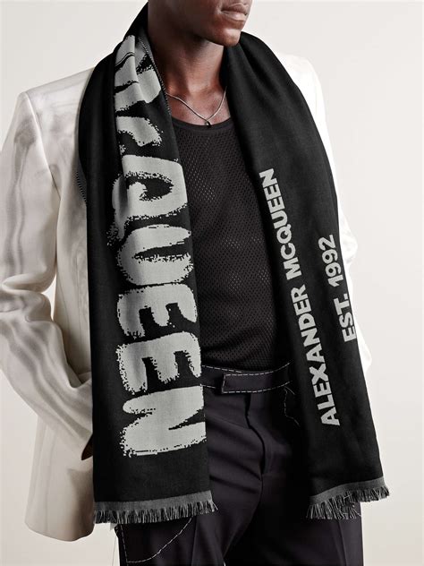 Alexander Mcqueen Fringed Logo Jacquard Wool Scarf For Men Mr Porter