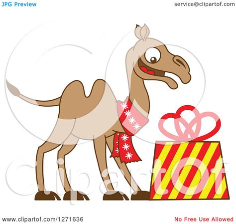 Clipart Of A Christmas Camel Wearing A Scarf And Smiling Down At A T