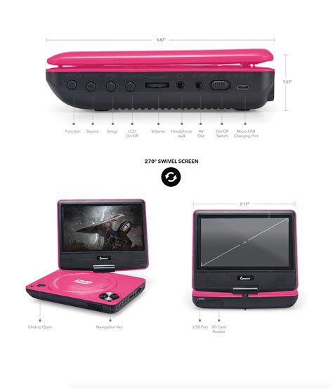 DVP-772 7in 270° Swivel Screen Portable DVD Player, Pink