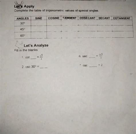 Complete The Table Of Trigonometric Values Of Special Angles Need