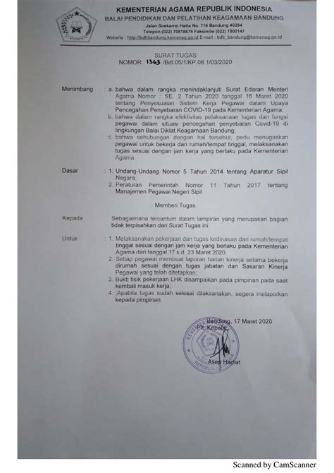 Surat Tugas Penyesuaian Sistem Kerja Pegawai Di Lingkungan BDK Bandung