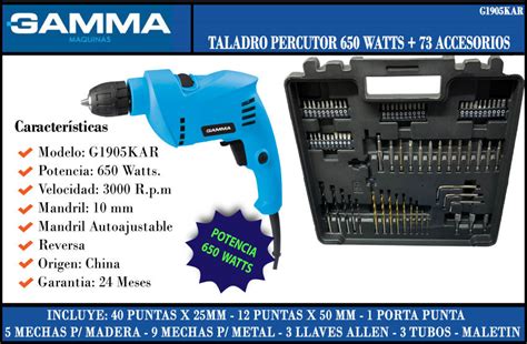 Gamma Taladro 10 Mm 650w Percutor Accesorios Maletin Centro De Materiales