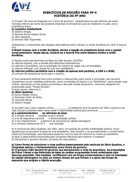 PDF EXERCÍCIOS DE REVISÃO PARA VP 4 HISTÓRIA DO 9º PDF