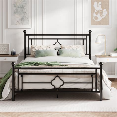 Amolife Full Size Metal Platform Bed Frame With Vintage Cross Pattern