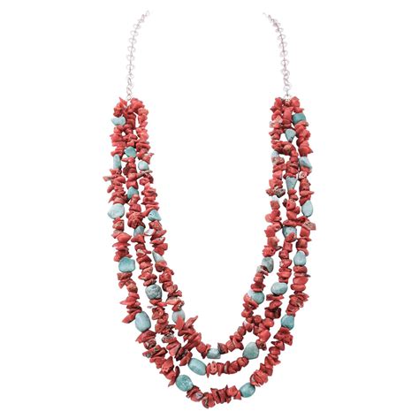 Red Corals Turquoise Stones Rope Multi Strand Necklace For Sale At