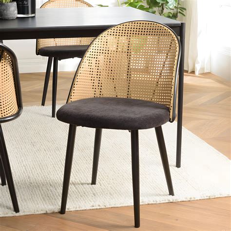 LEA Lot De 2 Chaises Assise Tissu Noir Dossier Arrondi Effet Cannage