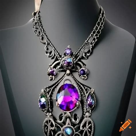 Gothic Victorian Silver Gemstone Pendant Necklace With Elaborate