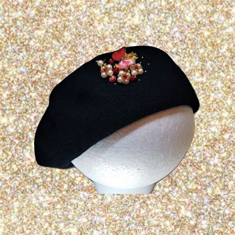 Black Wool Beret With 3d Pearls Embroidery Butterfly And Gilded Leaf