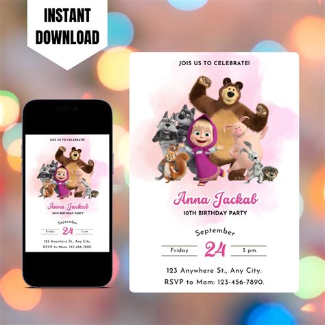 Editable Masha And The Bear Birthday Invitation Printable Masha And