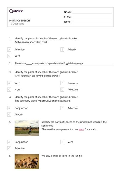 50 Parts Of Speech Worksheets On Quizizz Free And Printable