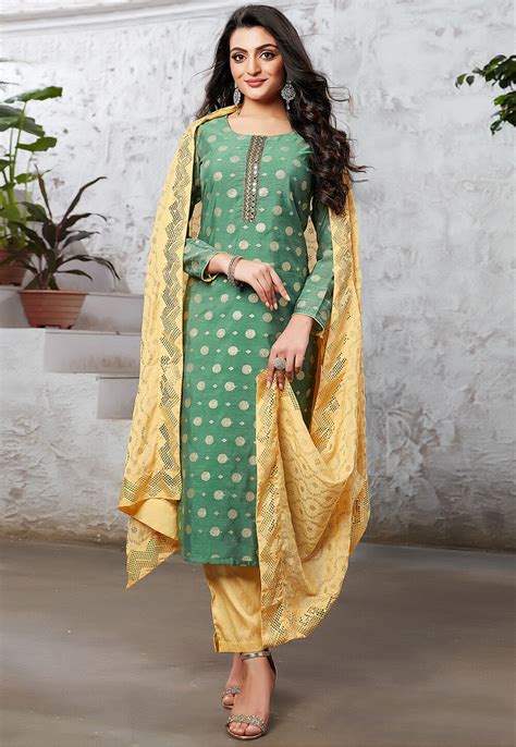 Woven Art Silk Jacquard Pakistani Suit In Green KFF472