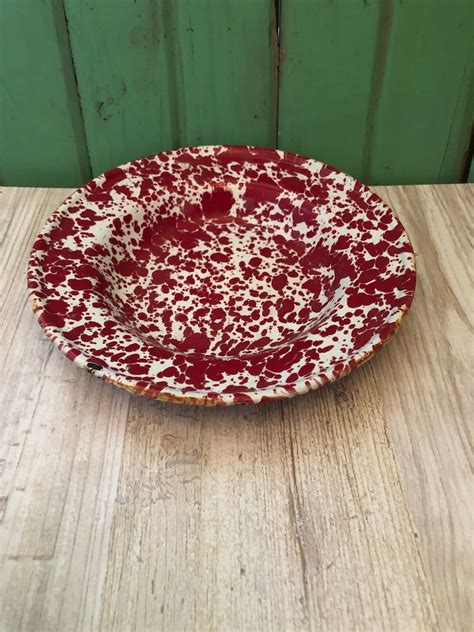 Vintage 3 Piece Set Of Red And White Splatterware Enamelware Dishware