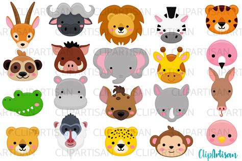 African Animal Faces Clipart, Safari Animals, Zoo Animals By ...