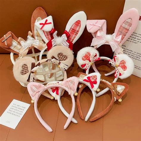 Stripe Lace Bowknot Headband Rabbit Ear Lolita Cat Ear Hair Bands Plush