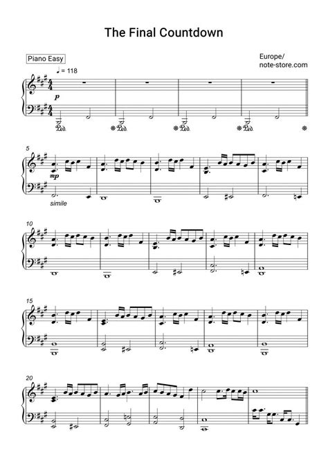 Digital Printable Sheet Music For Europe The Final Countdown Pianoeasy High Quality From